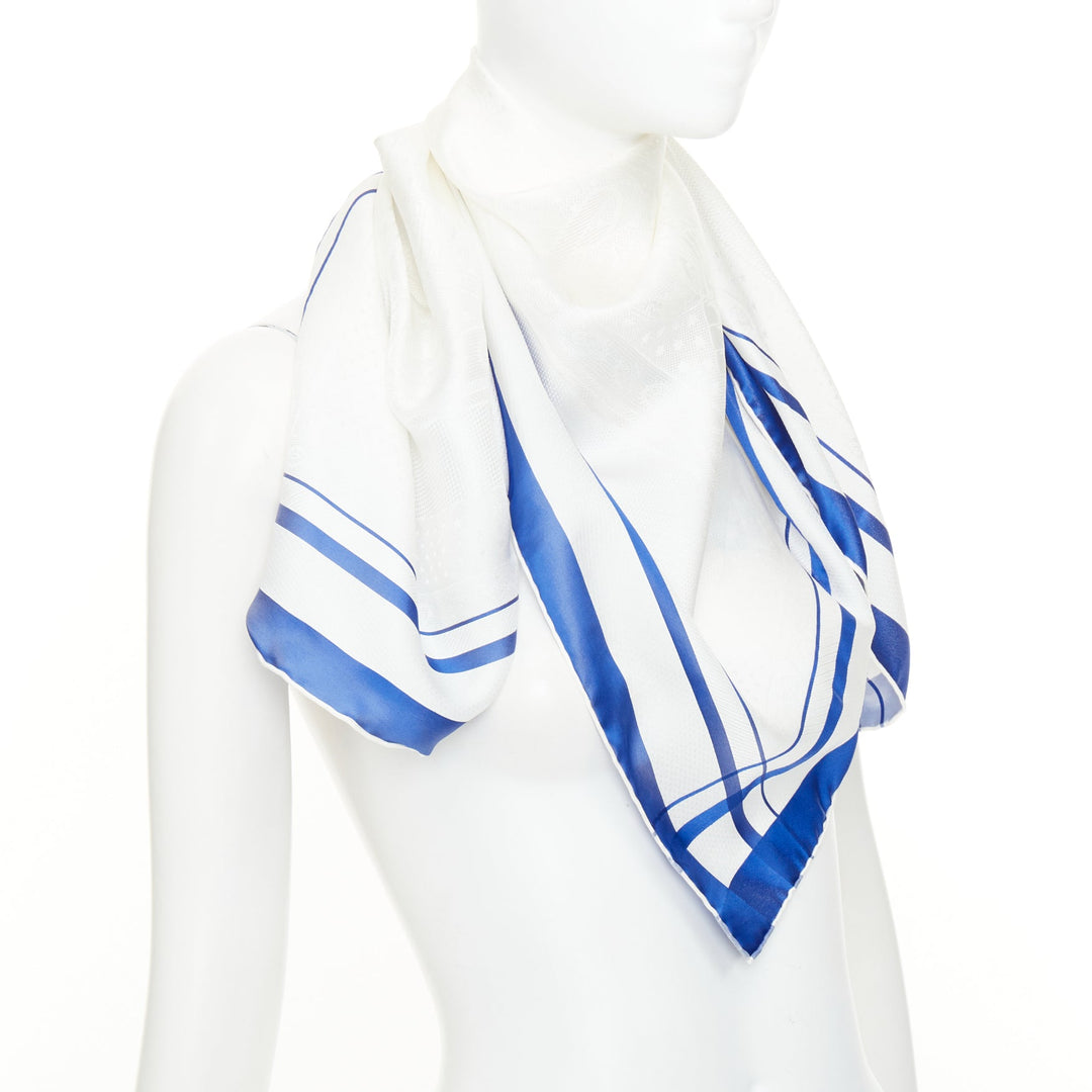 HERMES 90cm tone on tone damask white royal blue stripe frame border silk scarf