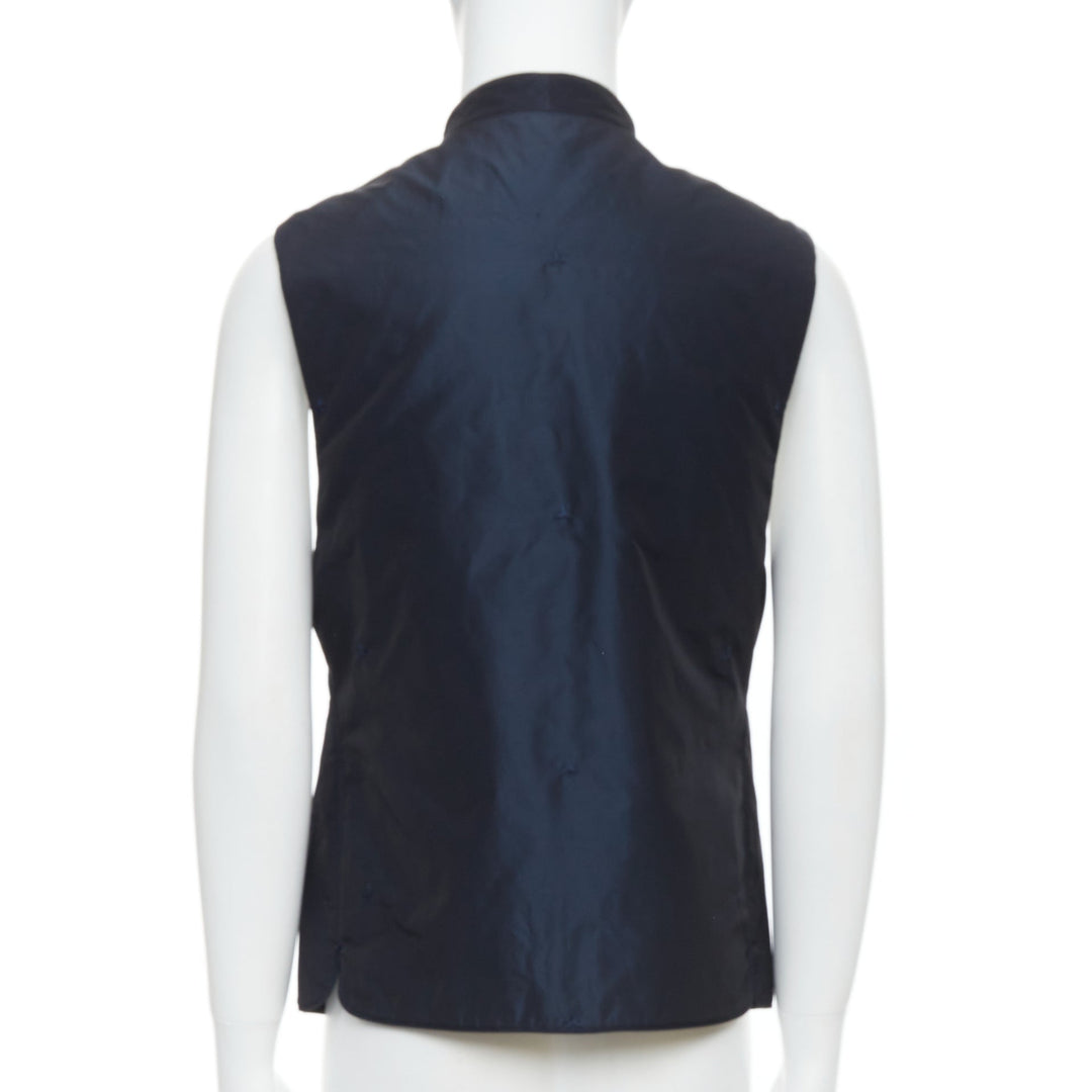 Male mannequin wearing Shiatzy Chen Navy Polyester Men Vest in Size IT46 | Available at JHROP