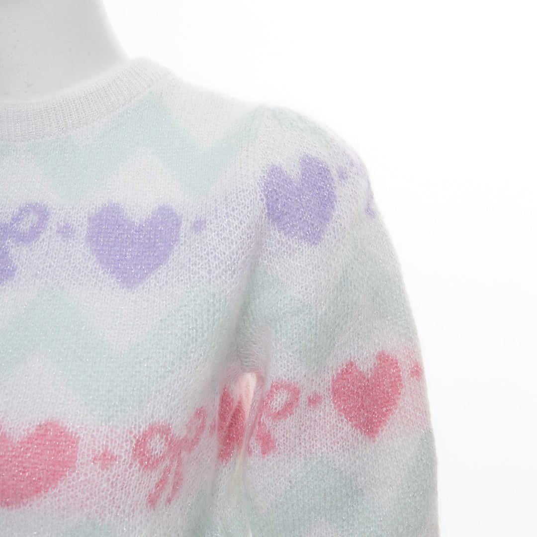 ALESSANDRA RICH Pastel hearts bows jacquard metallic mohair blend top IT38 XS