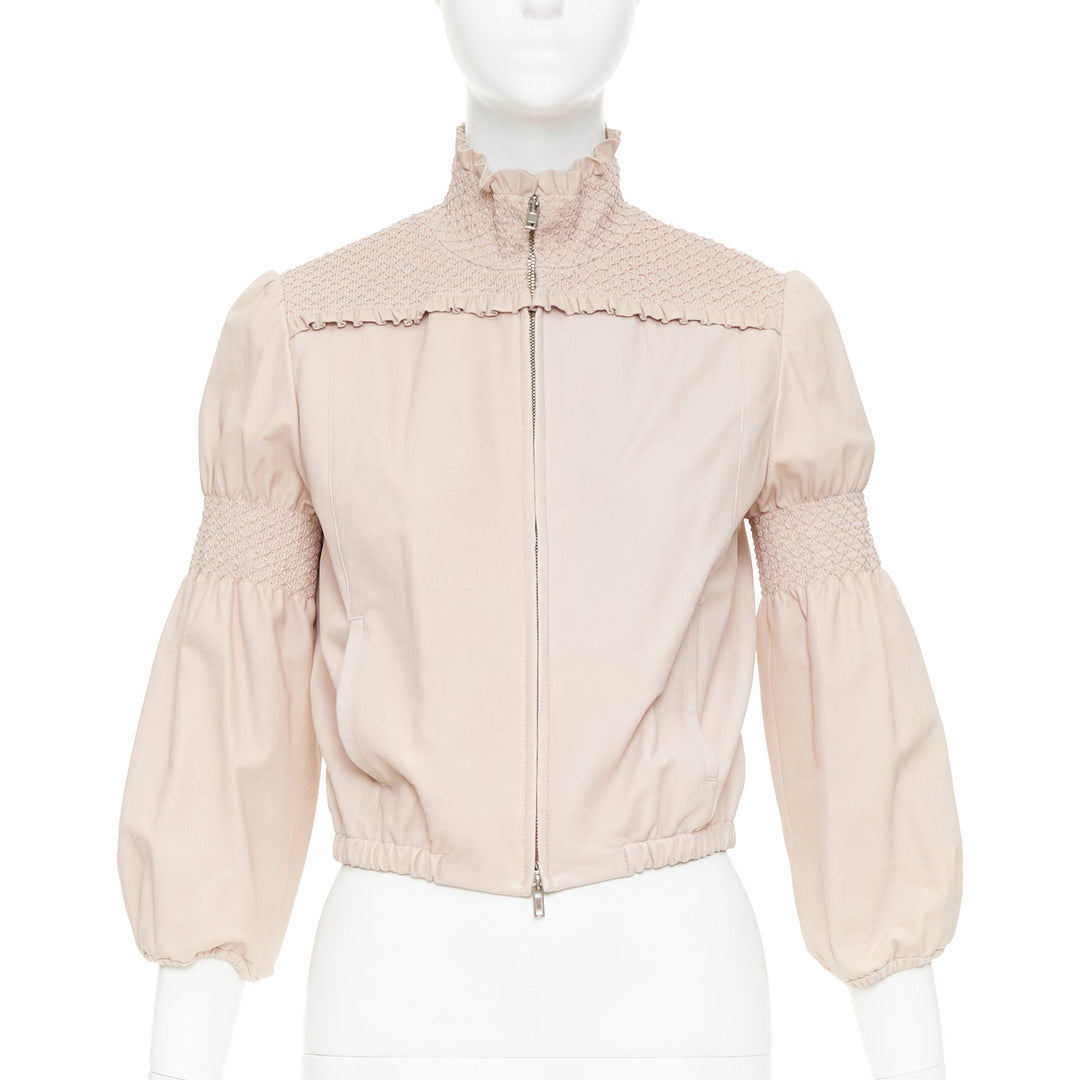 MIU MIU 2019 baby pink smocked lambskin leather ruffled puff crop jacket IT40 S