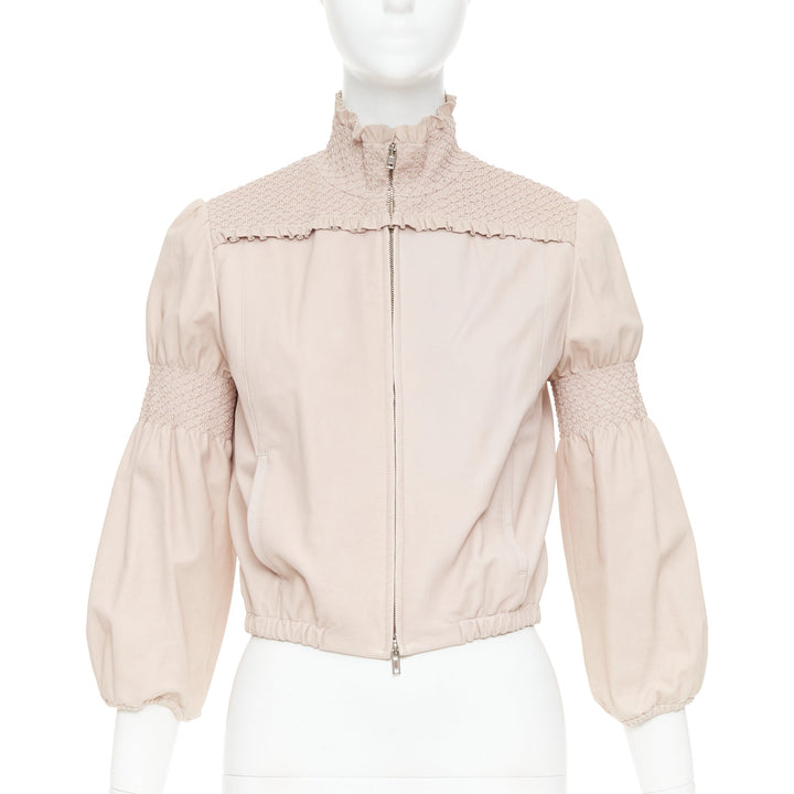 MIU MIU 2019 baby pink smocked lambskin leather ruffled puff crop jacket IT40 S
