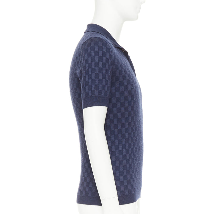 LOUIS VUITTON navy cashmere silk Damier checked knit polo shirt S