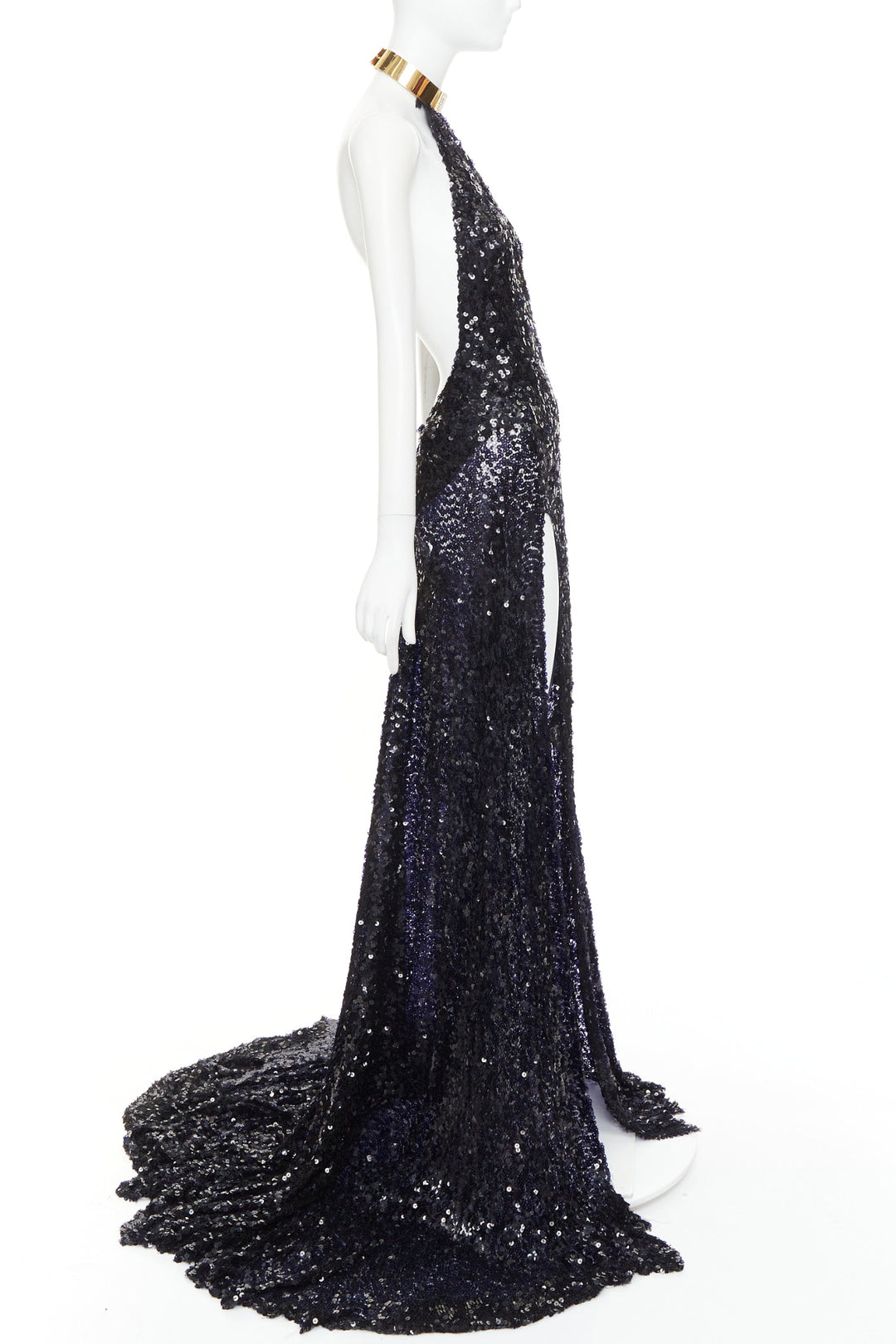 rare ALEXANDRE VAUTHIER navy sequinned gold crystal pave collar high slit gown