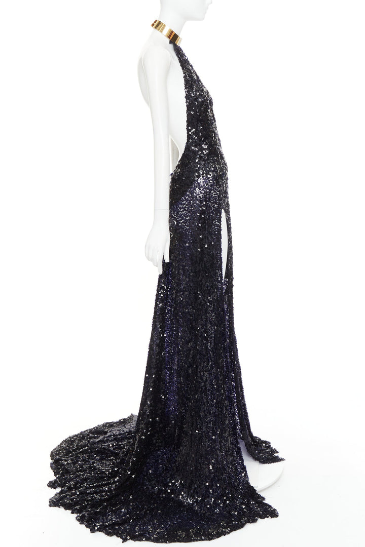 rare ALEXANDRE VAUTHIER navy sequinned gold crystal pave collar high slit gown