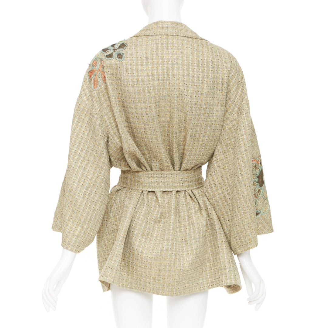 CHRISTIAN LACROIX Vintage gold tweed floral embroidered belted jacket FR42 L
