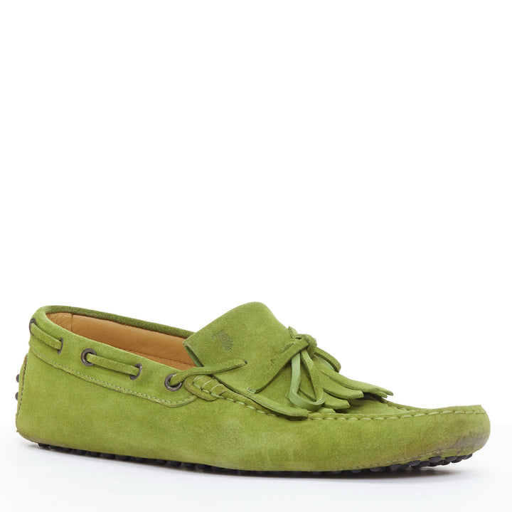 TOD'S moss green suede leather fringe tongue dot sole driving loafer UK7 EU41