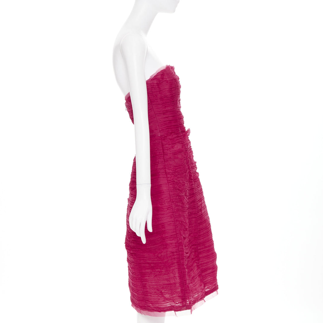 OSCAR DE LA RENTA R17 raspberry pleated silk strapless midi dress US6 M