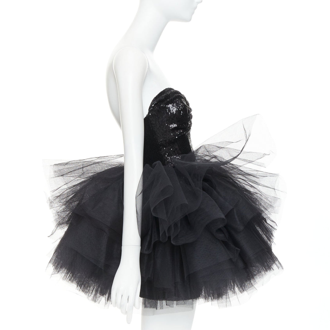 ALEXANDRE VAUTHIER black sequin sweetheart ballerina tulle skirt mini dress