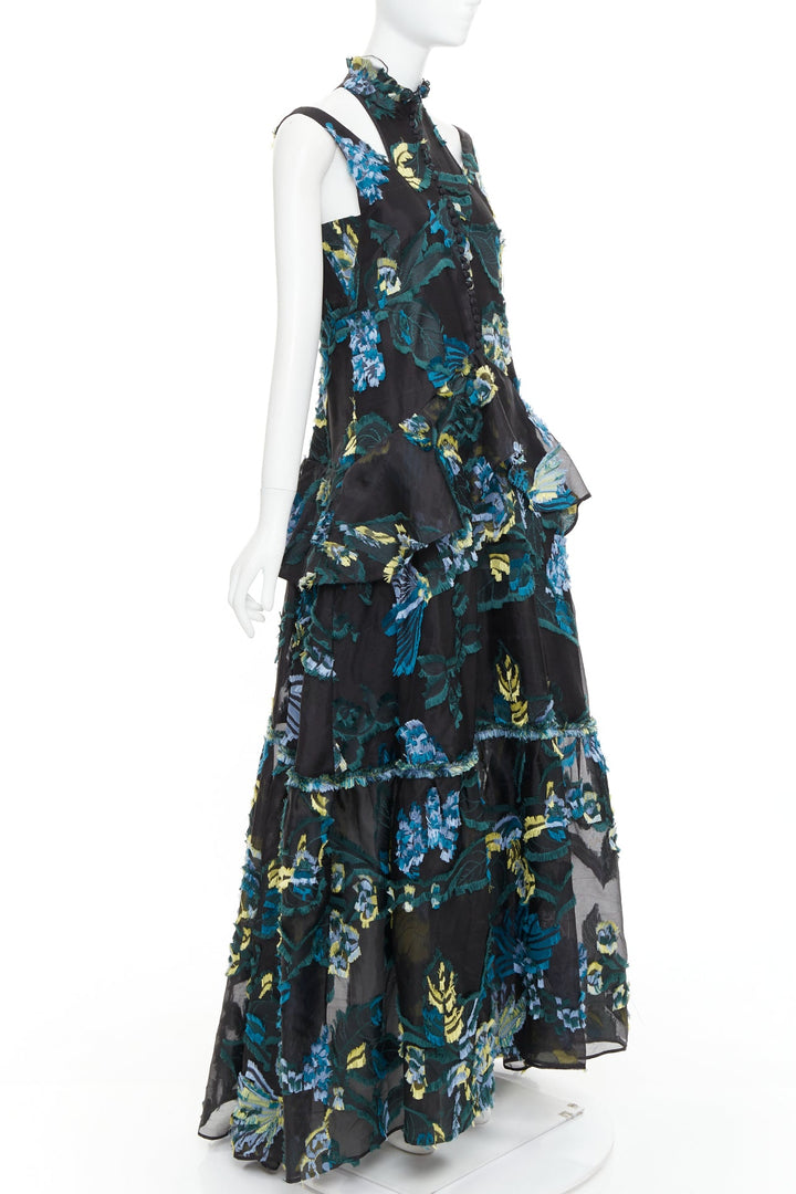 ERDEM 2015 Runway black green blue sheer jacquard cold shoulder gown