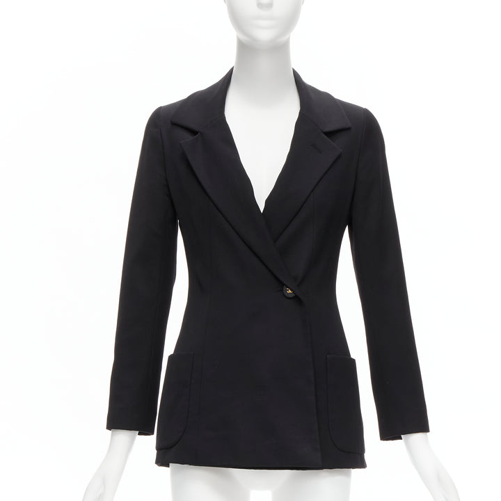 Female mannequin wearing Chanel by Karl Lagerfeld Fall 1994 Black Wool Women Blazers in Size FR34 | Available at JHROP