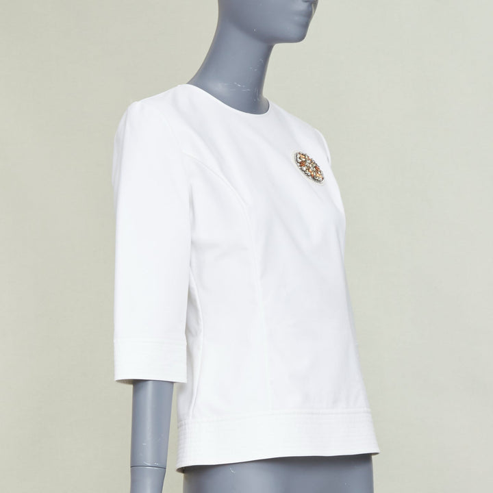 DIOR 2013 off white gold rhinestone embellished badge cotton peplum top FR38 M