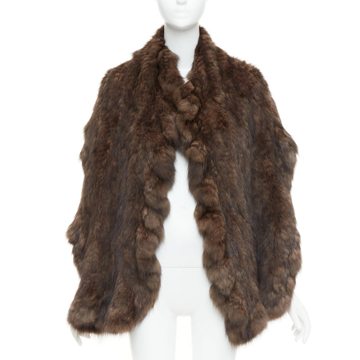 Brown genuine fur patchwork large shawl stole scarf