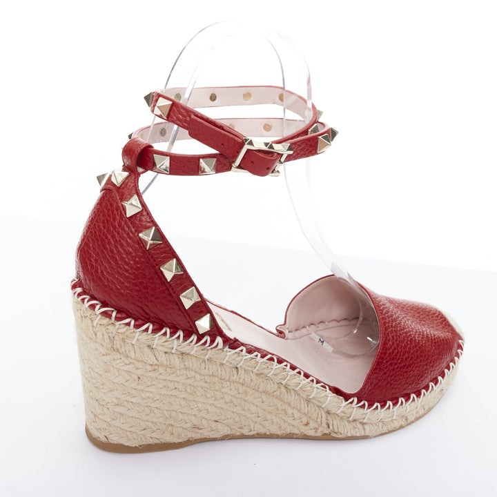 VALENTINO Rockstud 85 red leather jute espadrille wedge EU39