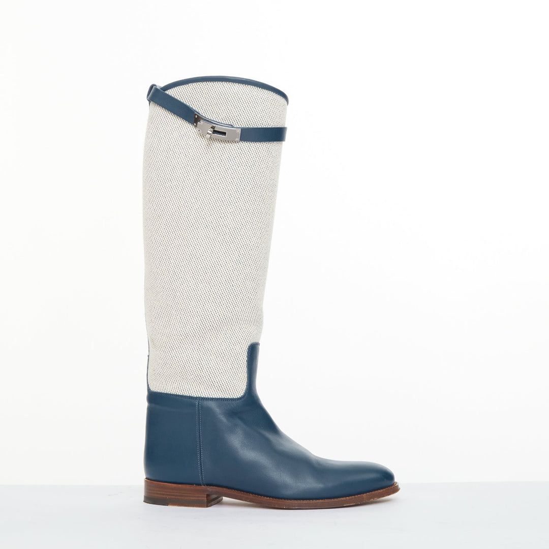 HERMES Jumping beige canvas navy blue leather Kelly buckle riding boots EU37.5