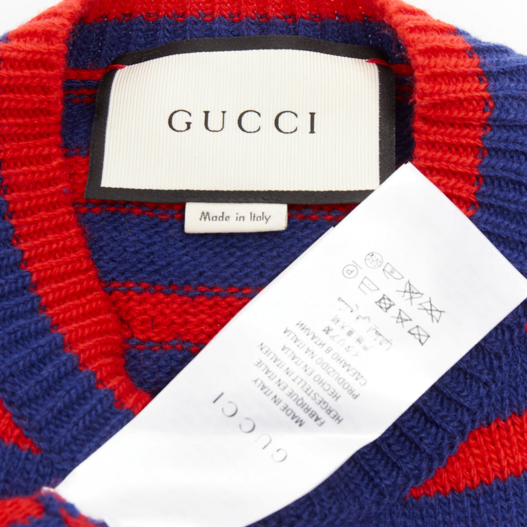 GUCCI 2017 Runway wool red blue stripe Tiger Head intarsia crew sweater XS
