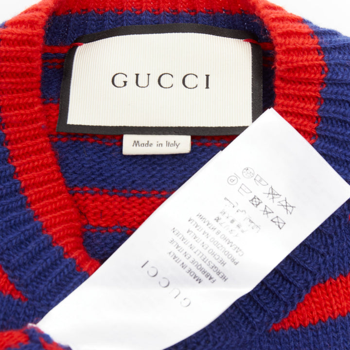 GUCCI 2017 Runway wool red blue stripe Tiger Head intarsia crew sweater XS