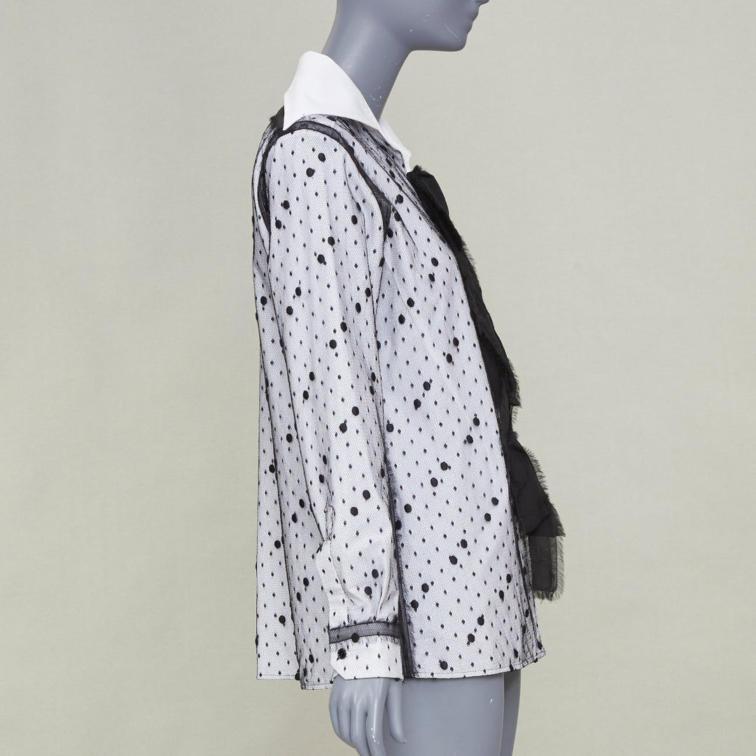 VALENTINO 2021 Point Esprit white black polka dot tulle bow cotton shirt IT38 XS