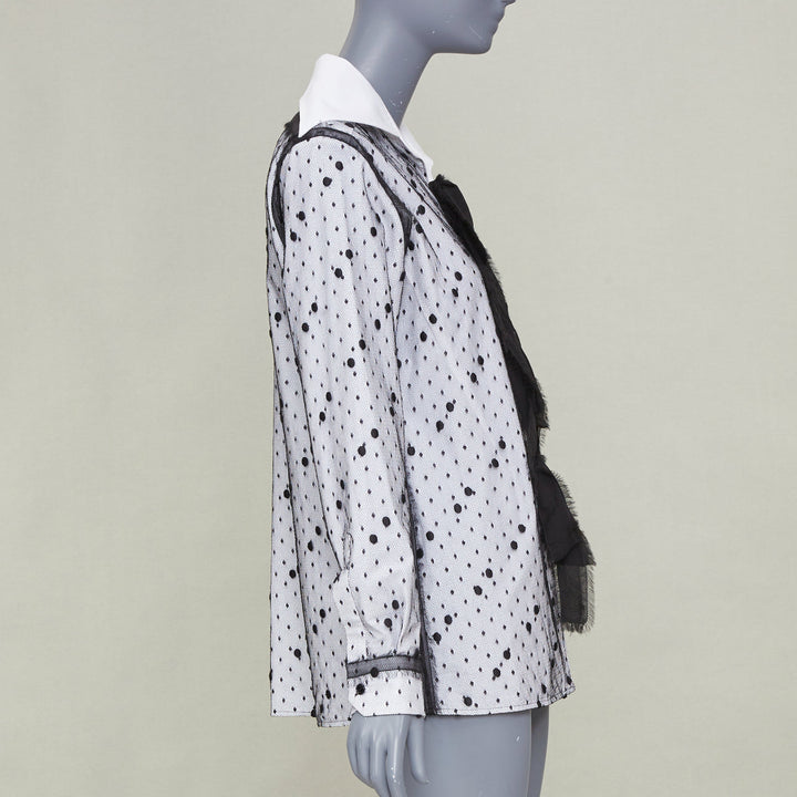 VALENTINO 2021 Point Esprit white black polka dot tulle bow cotton shirt IT38 XS