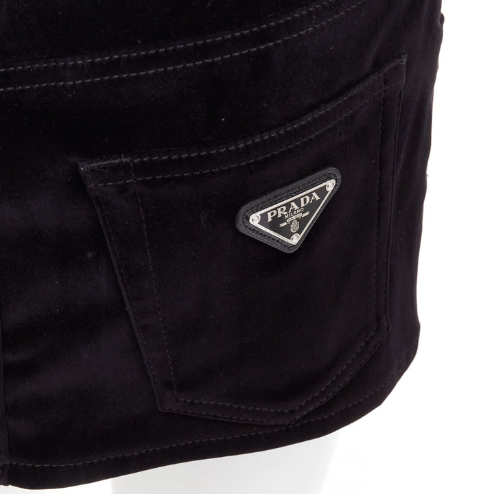 PRADA 2023 black velvet denim silver triangle logo low rise mini skirt IT40 S