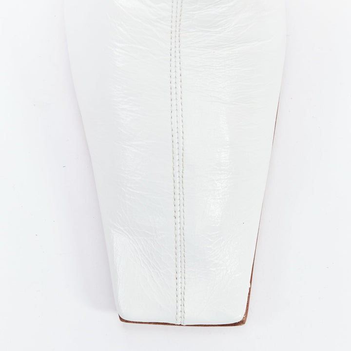 BOTTEGA VENETA white crinkled leather elastic square toe spool pumps EU38.5
