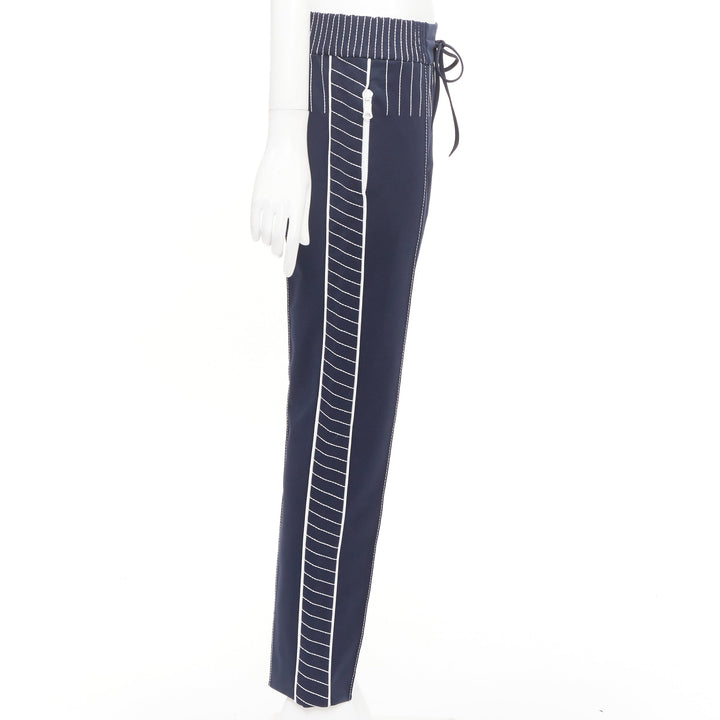VALENTINO navy white striped topstitch pleated front cropped track pants IT38 XS