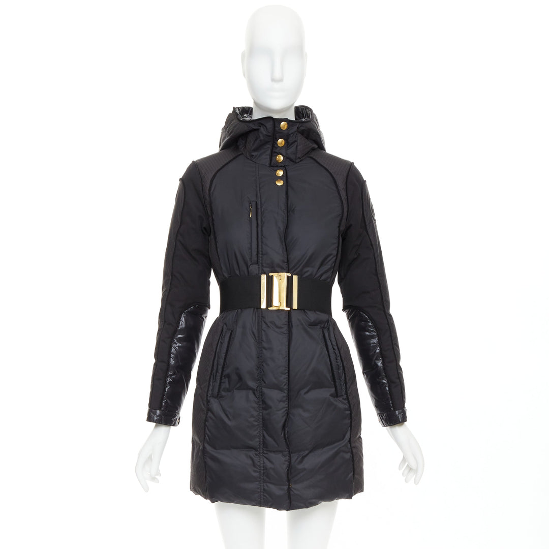 GUCCI 2009 black gold GG logo buckle belt long puffer coat IT38 XS