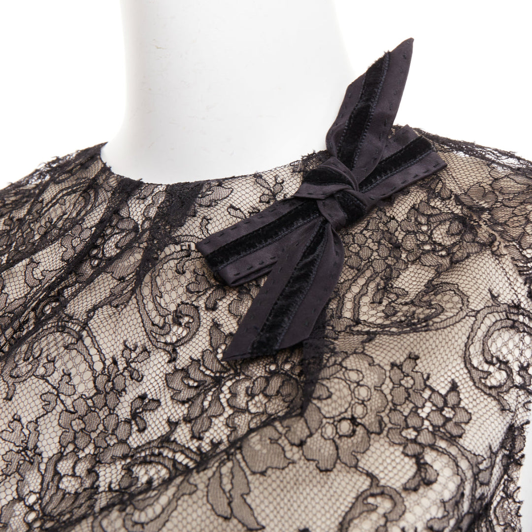 J MENDEL Chantilly Lace Blouse nude silk lined bow embellished top US2 S
