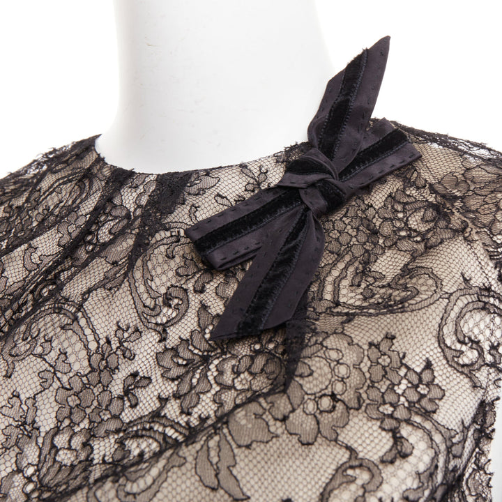 J MENDEL Chantilly Lace Blouse nude silk lined bow embellished top US2 S