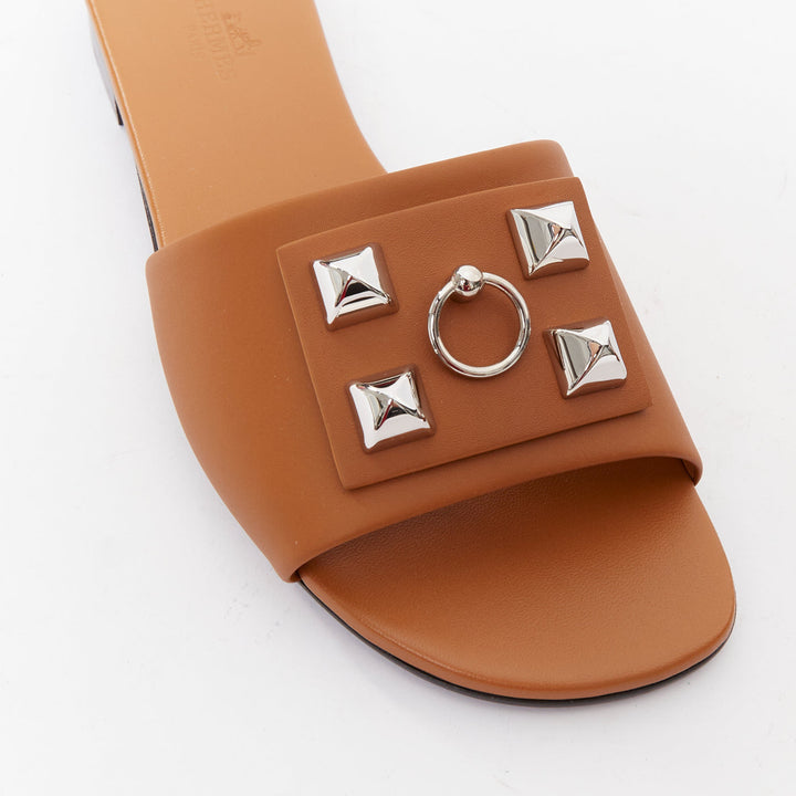 HERMES Dune tan leather palladium Collier de Chien flat sandal EU37.5