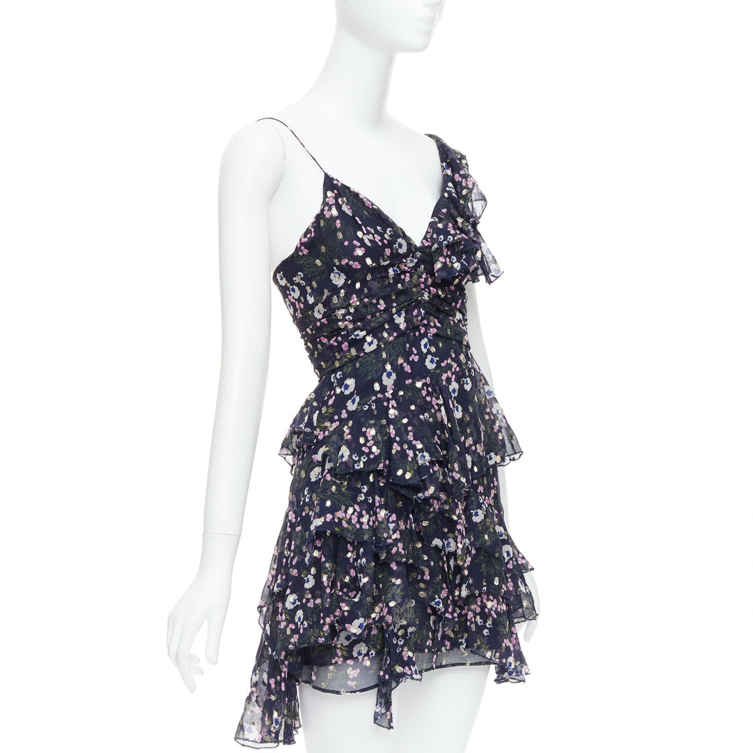 ISABEL MARANT Manda navy silk metallic floral asymmetric ruffle dress FR34 XS