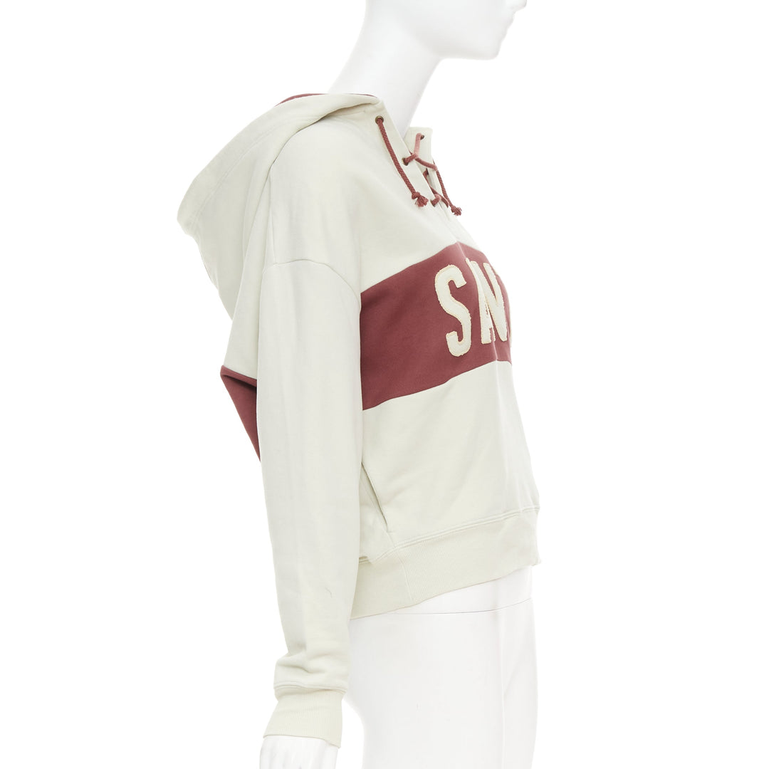 SAINT LAURENT 2022 taupe red logo applique drawstring crop hoodie XS