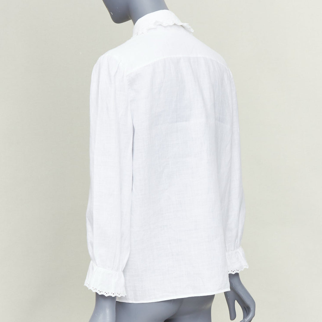 CELINE white linen ramie eyelet ruffled collar embroidered pleated shirt FR36 S