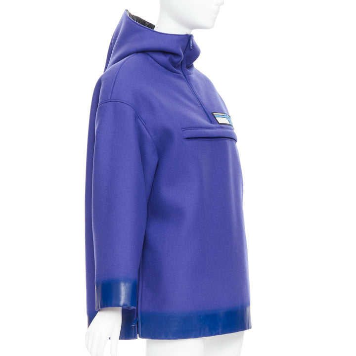 PRADA 2018 Runway blue virgin wool lacqured hem popover hoodie IT38 XSS