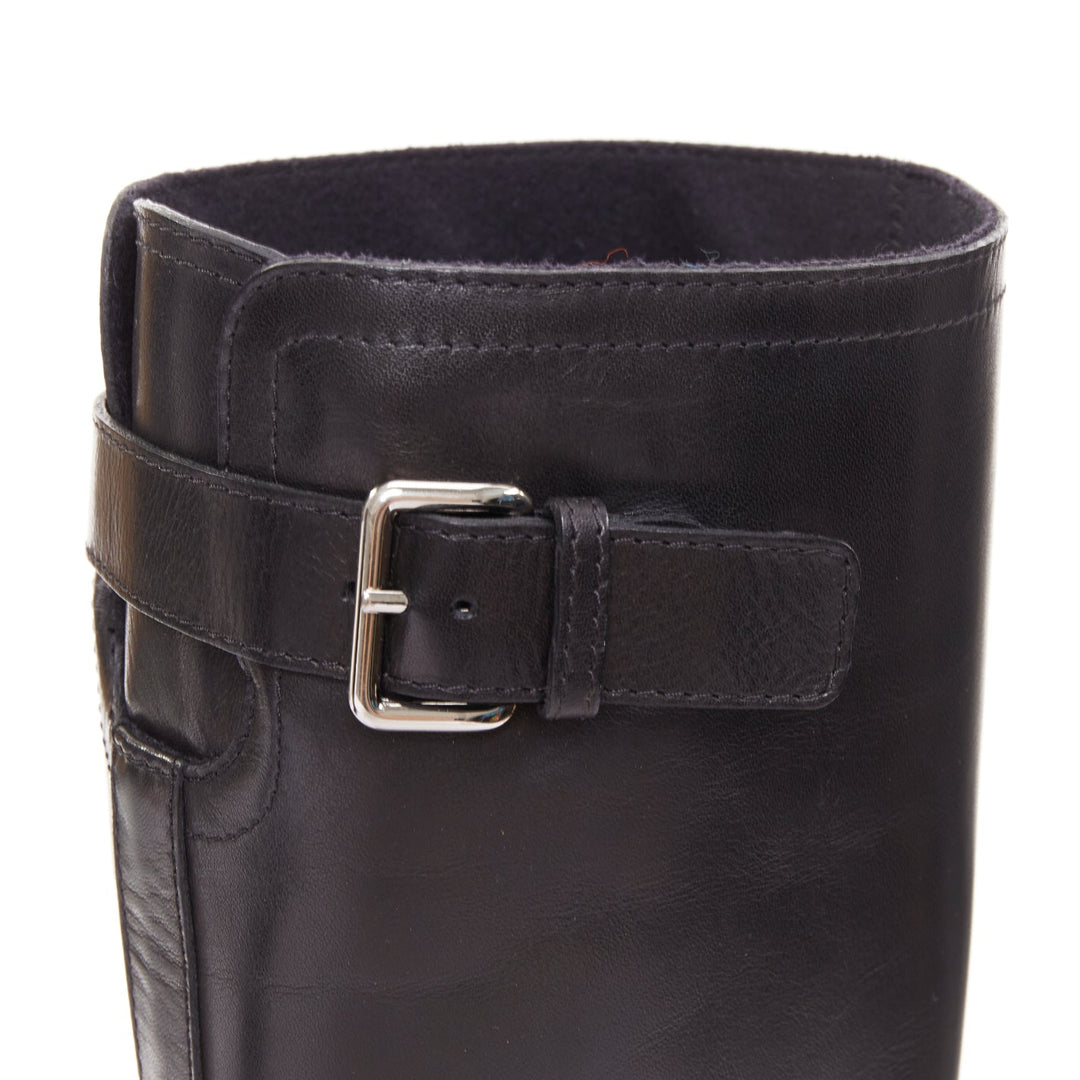 MARNI black leather silver buckle side round toe knee high boots EU37.5