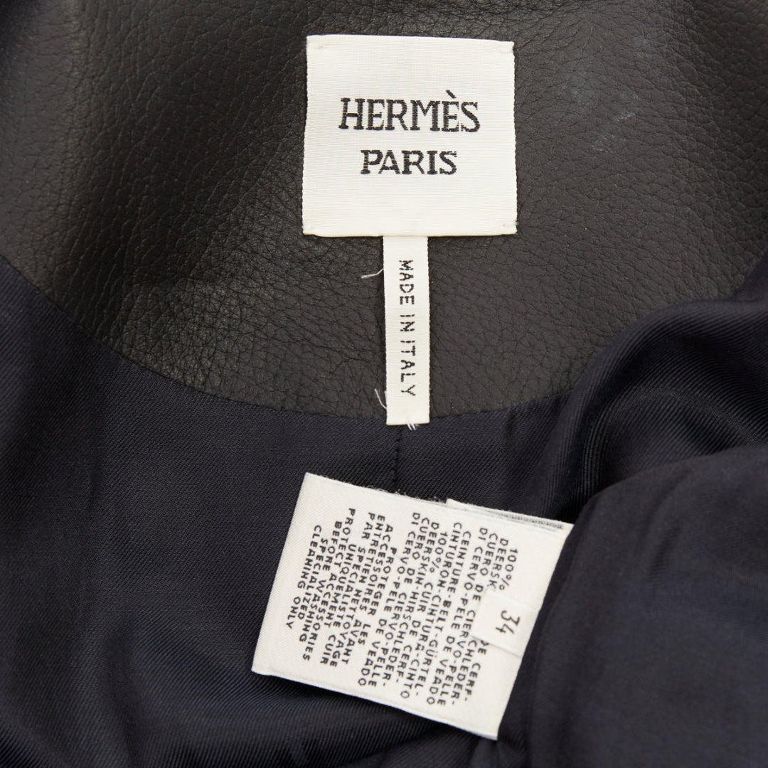 HERMES deerskin asymmetric snap button collared belted long leather coat FR34 XS