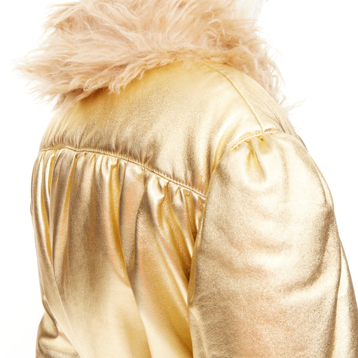MIU MIU 2019 gold lambskin brown mohair shaggy fur collar robe coat IT36 XXS