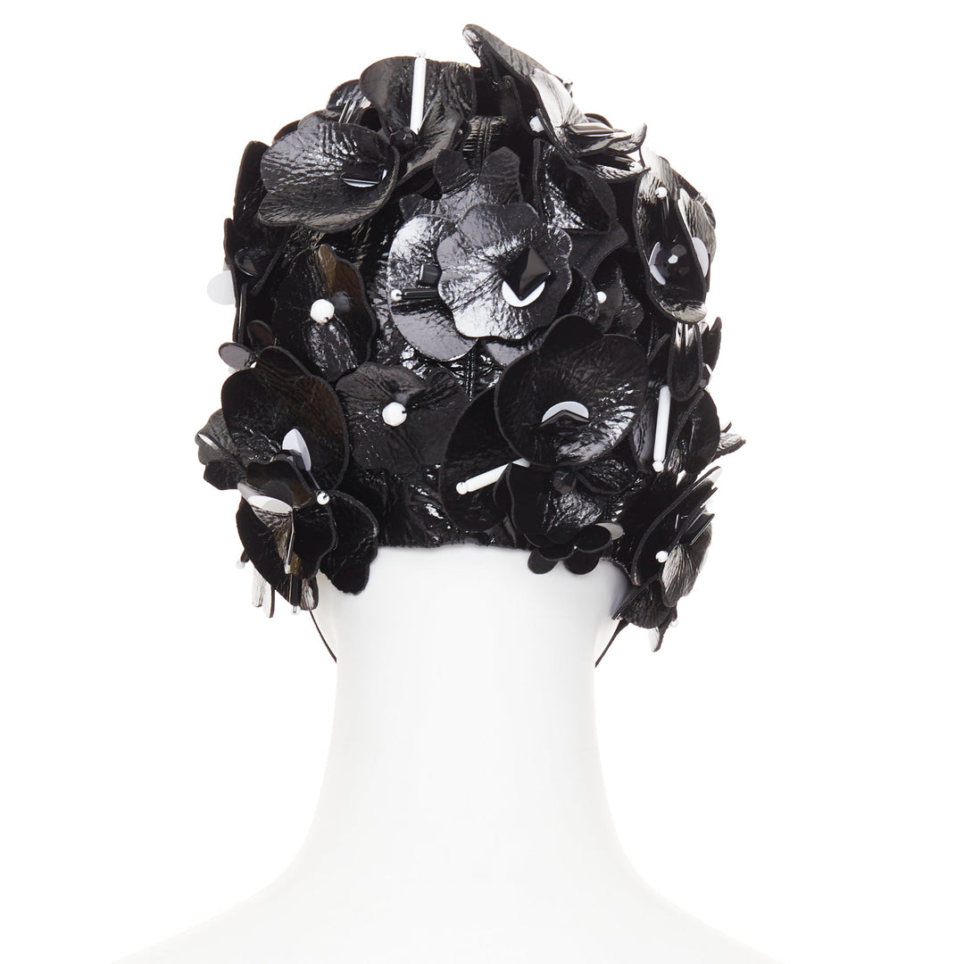 MIU MIU 2017 Runway black patent leather petals beaded retro swim cap hat S