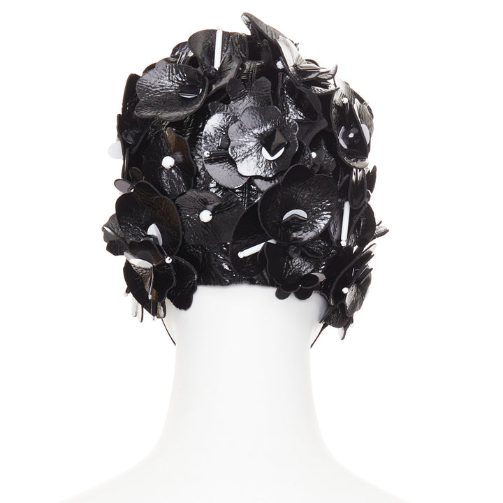 MIU MIU 2017 Runway black patent leather petals beaded retro swim cap hat S