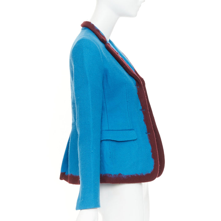PRADA 2007 Runway turquoise wool raw edge burgundy felt trim blazer IT38 XS