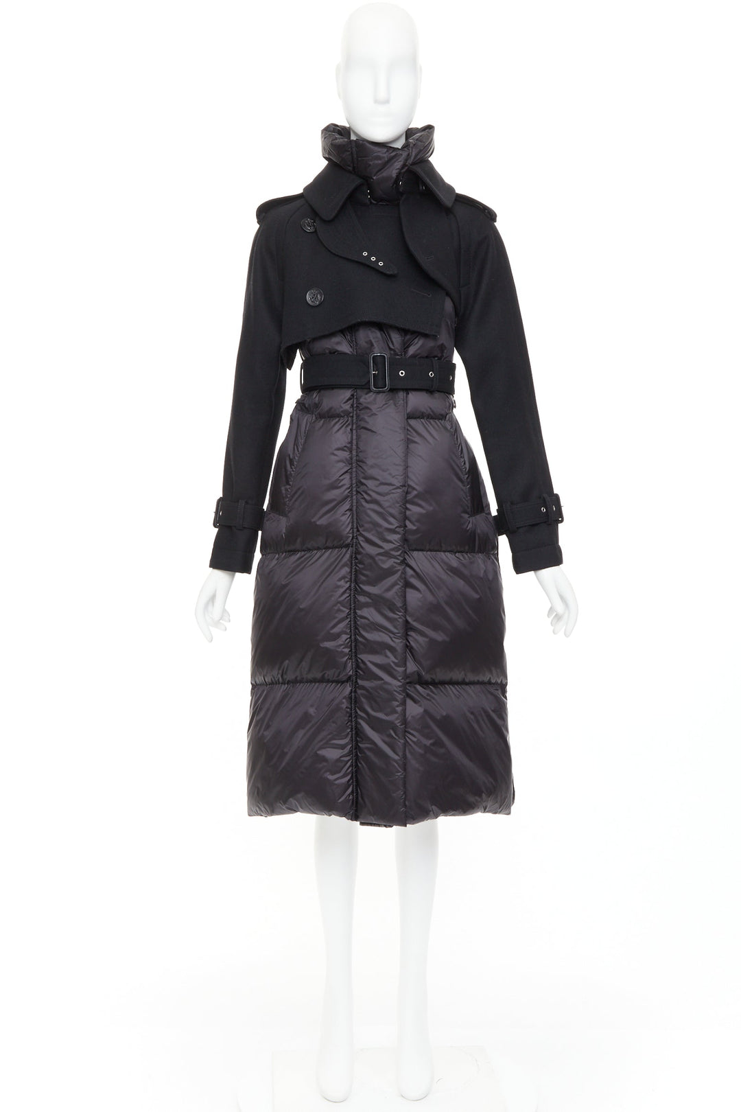 SACAI 2022 Hybrid black melton wool leather trim padded puffer trench coat JP1 S