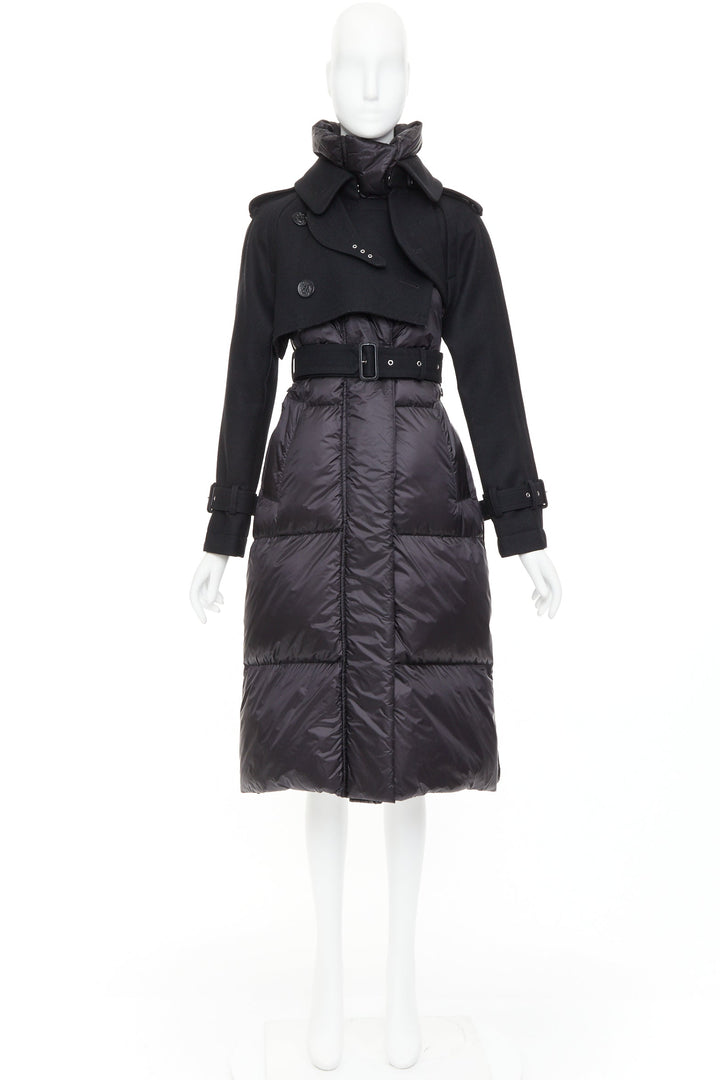 SACAI 2022 Hybrid black melton wool leather trim padded puffer trench coat JP1 S