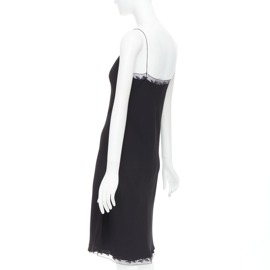 THE ROW Santi 100% silk crepe black fluid lace trim knee length slip dress US2 S