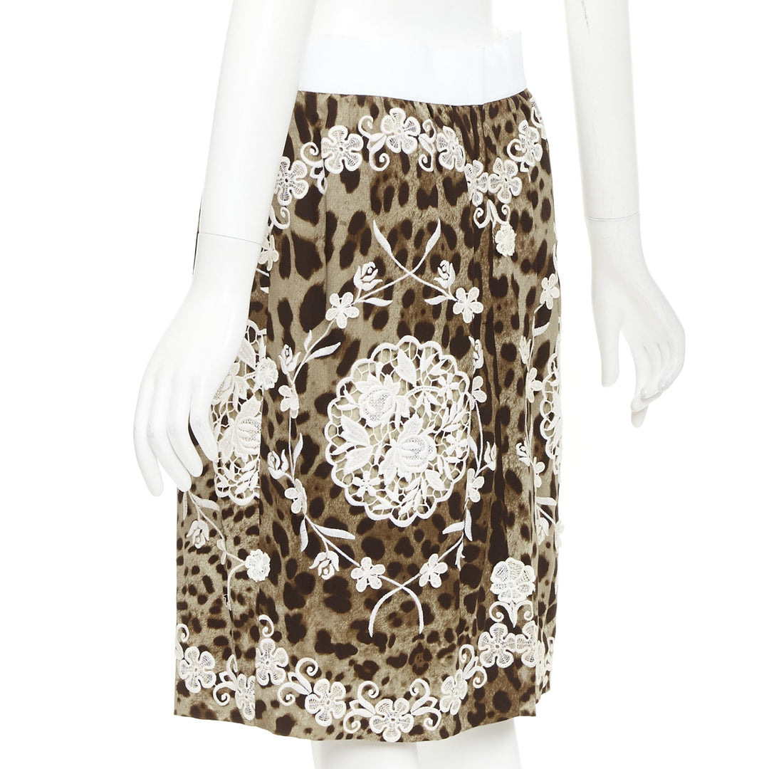 DOLCE GABBANA brown silk leopard print cream anglais embroidery skirt IT40 S