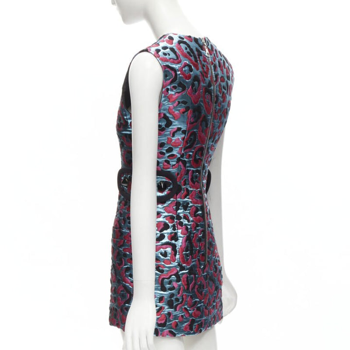 LOUIS VUITTON 2022 metallic blue pink leopard jacquard strap belt dress FR34 XS