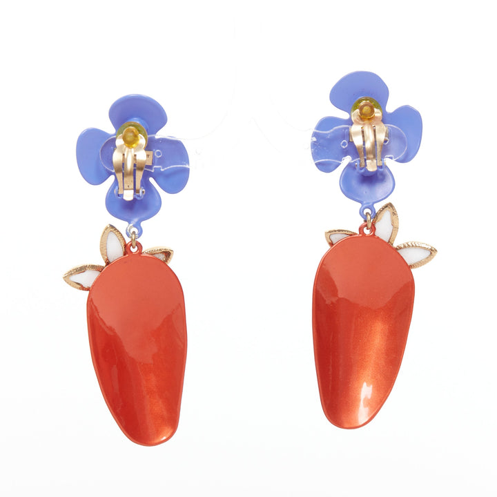 SAINT LAURENT 2021 Runway blue orange daisy white stone plate clip earring Pair