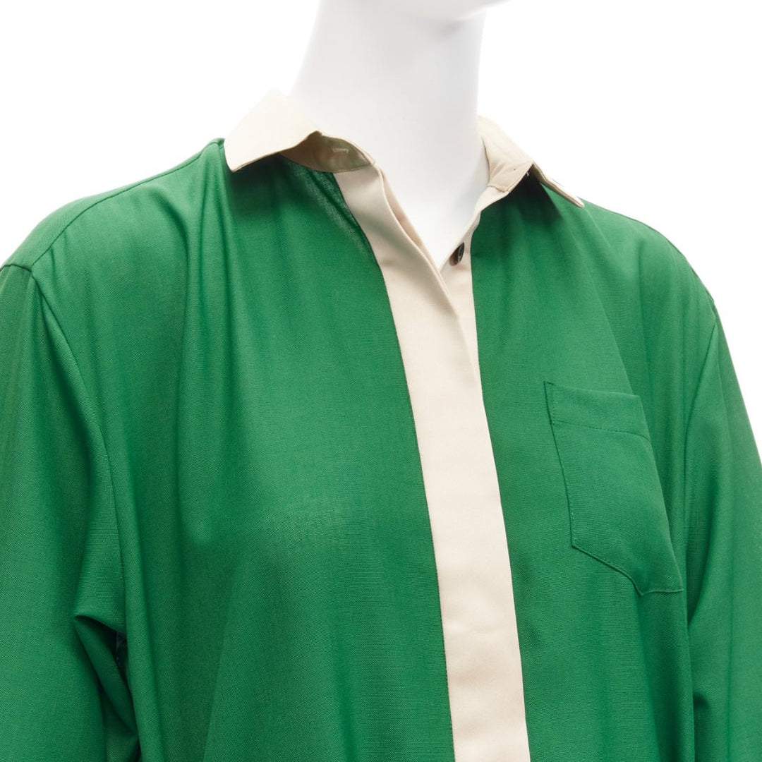 SACAI 2022 cream satin collar placket green belted pleated layered dress JP1 S