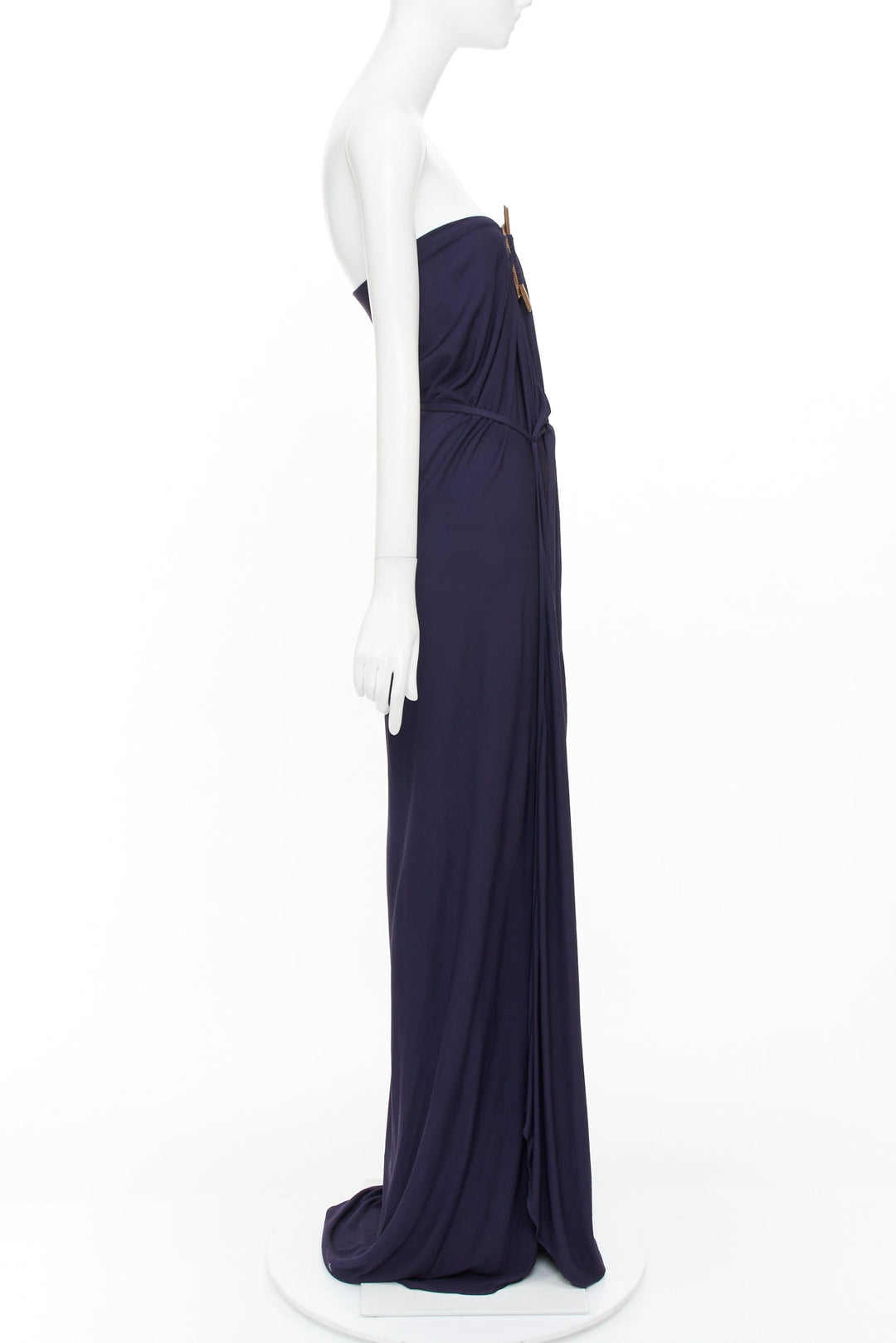 HERMES 2014 leather hardware bust navy viscose strapless gown dress FR36 S