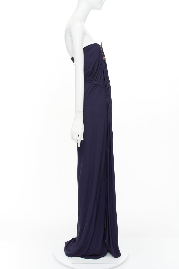 HERMES 2014 leather hardware bust navy viscose strapless gown dress FR36 S