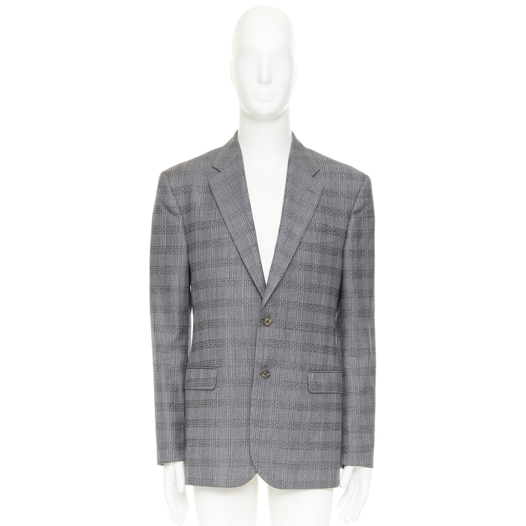 VERSACE grey wool silk blend plaid checked 2 button notched lapel blazer EU50 L