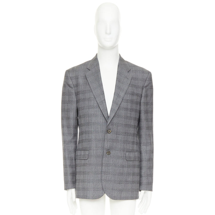 VERSACE grey wool silk blend plaid checked 2 button notched lapel blazer EU50 L